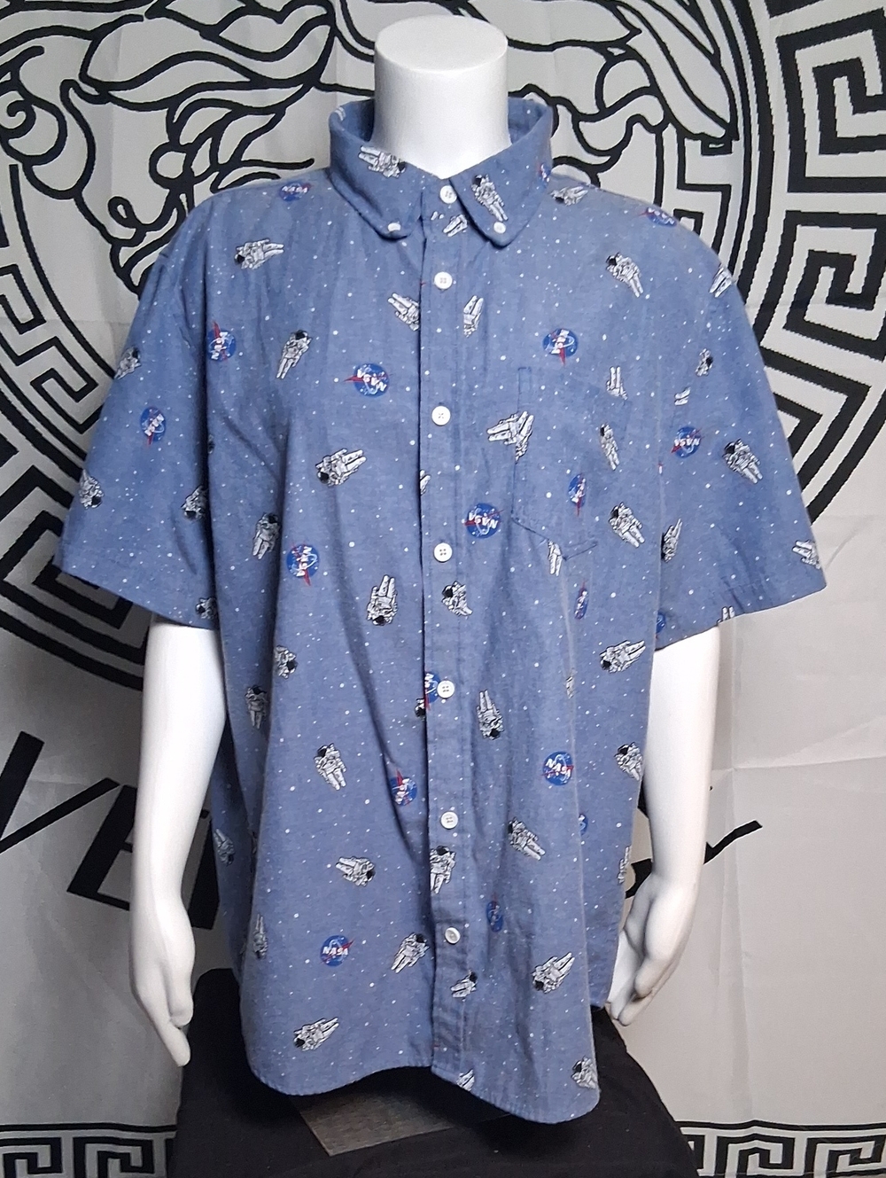 Short-Sleeve Blue Button-Down Shirt with Space Print